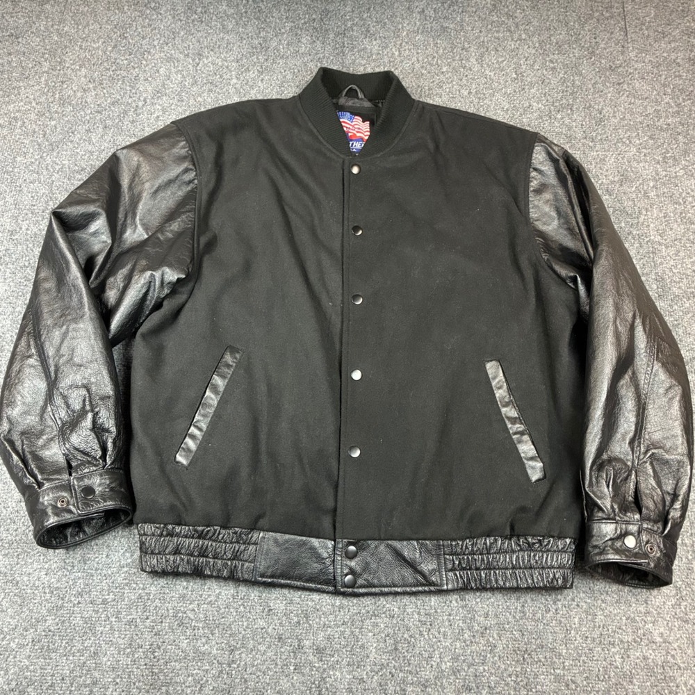 Leather U.S.A. Mens XL Black Wool Leather Sleeve Varsity Bomber Jacket USA Flag